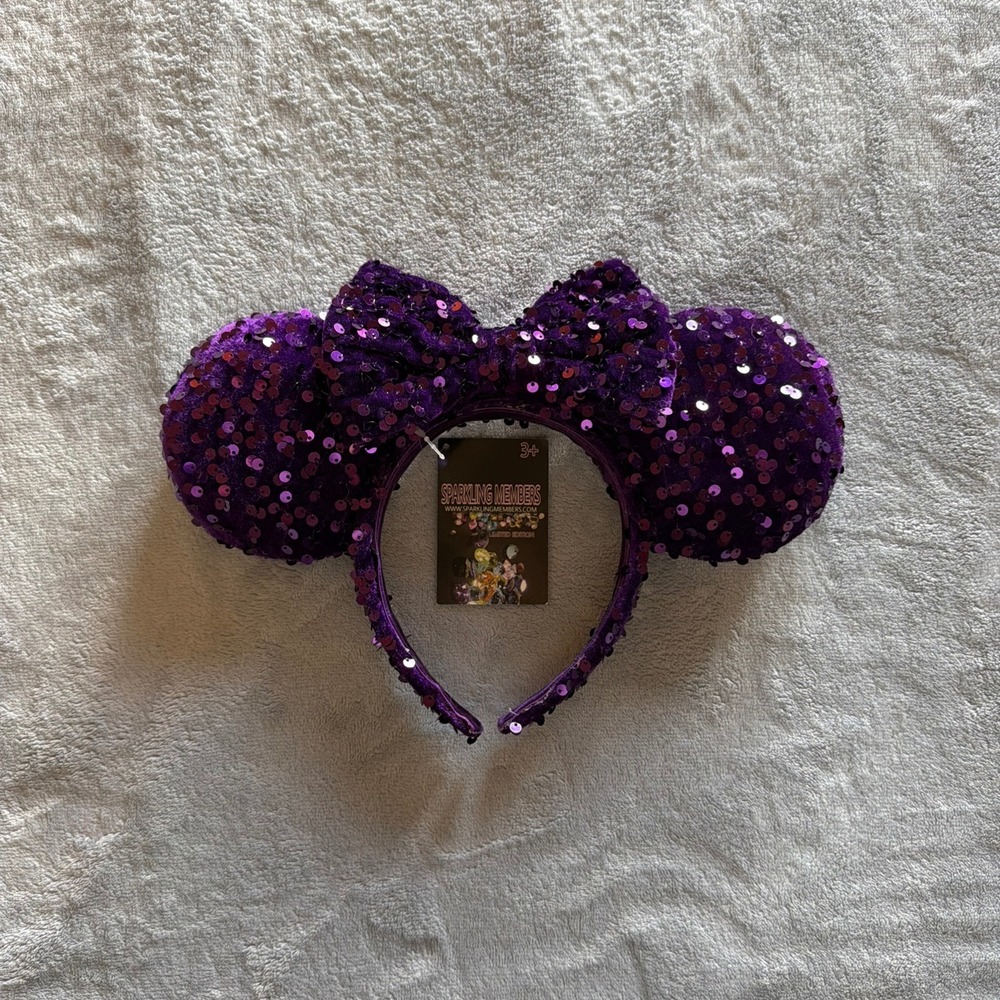 Sparkling Members Purple Sequin Mouse Ears Headband Bow Handmade - F314